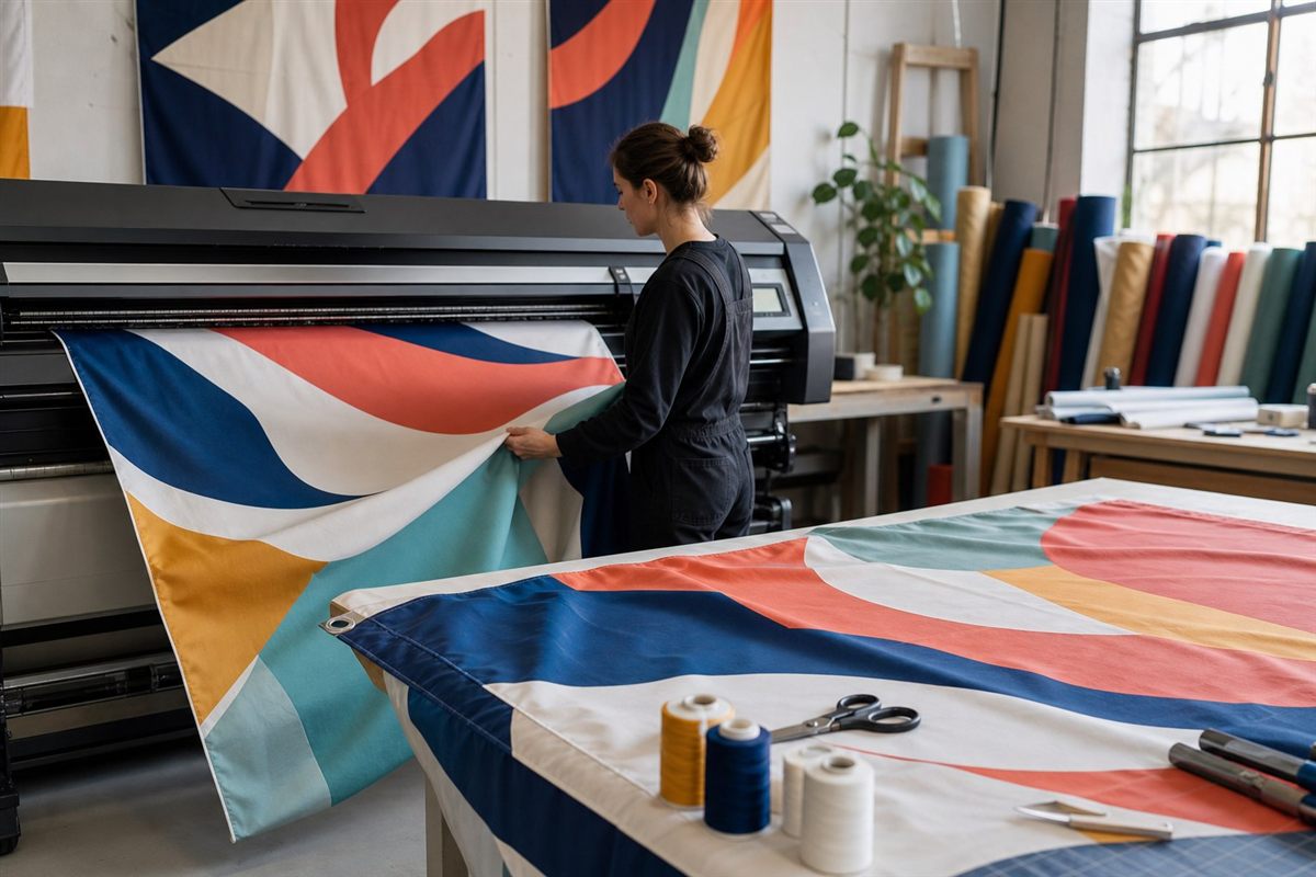 Craftsperson checking colourful custom flag fabric at a textile printer