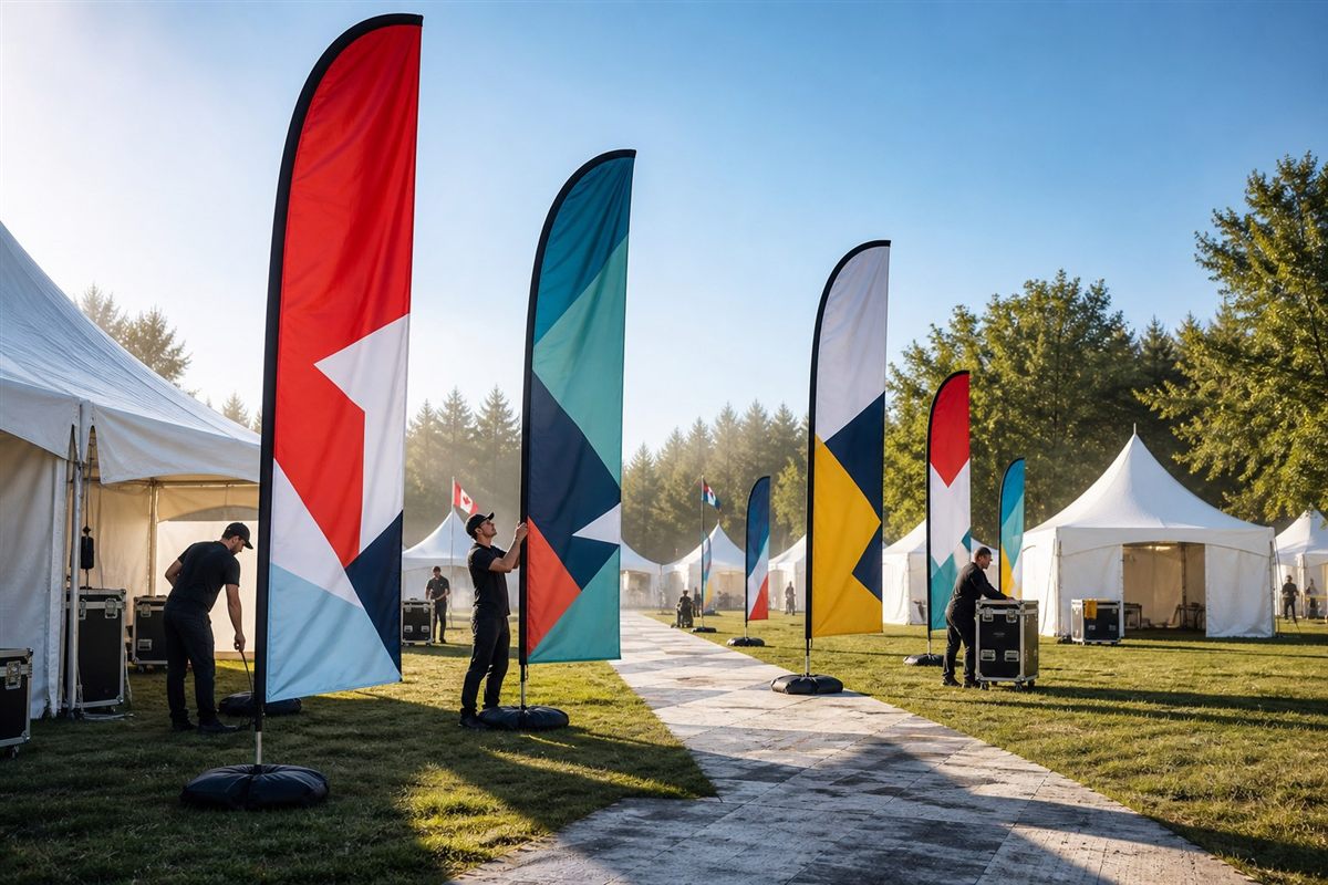 Event crew installing colourful wayfinding flags between festival tents