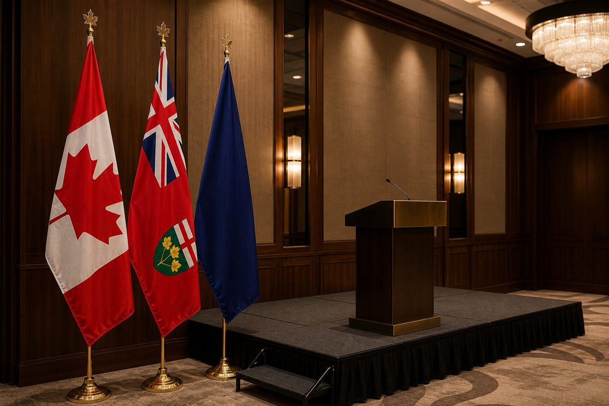 Three ceremonial floor-standing flags beside a conference podium