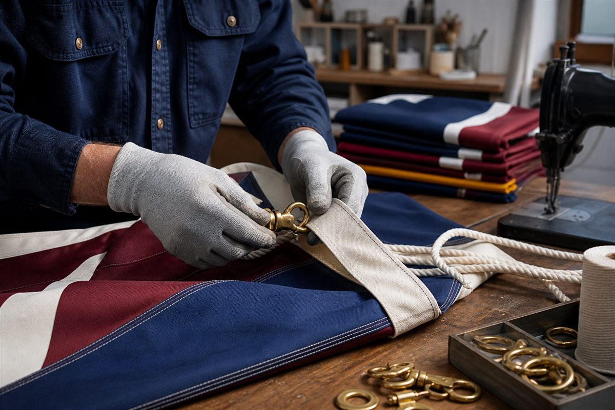 Technician inspecting flag stitching, halyard and brass hardware
