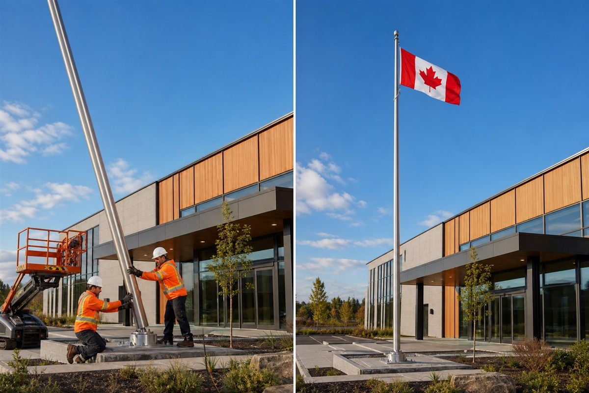 Permanent flagpole installation process and completed Canadian flag display