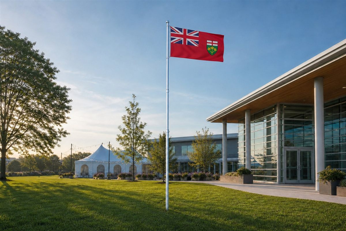 Horizontal Ontario flag flying from a twenty-foot portable flagpole installed in a lawn